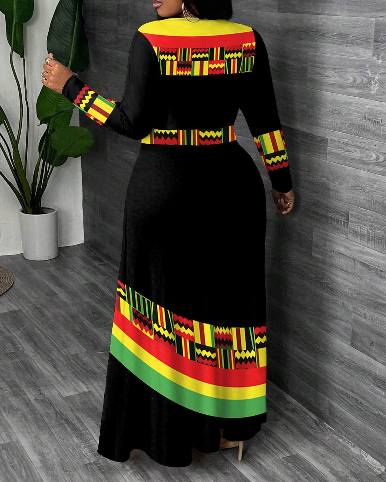 African Geometric Print Colorful Designer Crewneck Long Sleeve Pocket Dress