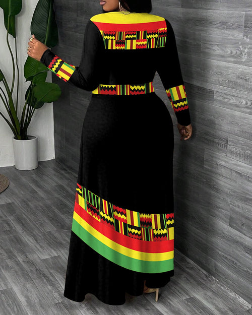 African Geometric Print Colorful Designer Crewneck Long Sleeve Pocket Dress