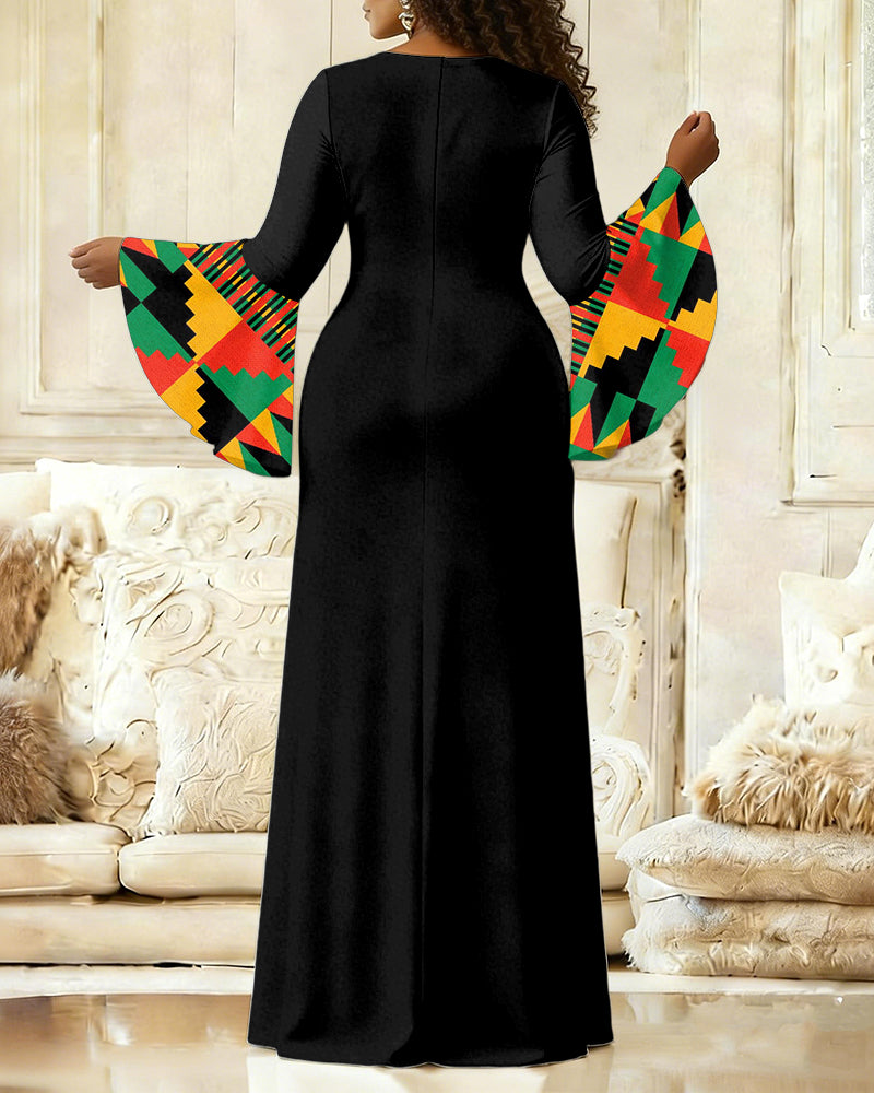 Women'S Elegant Bell-Sleeve Reggae Geometric Totem Splicing Fitted Dress