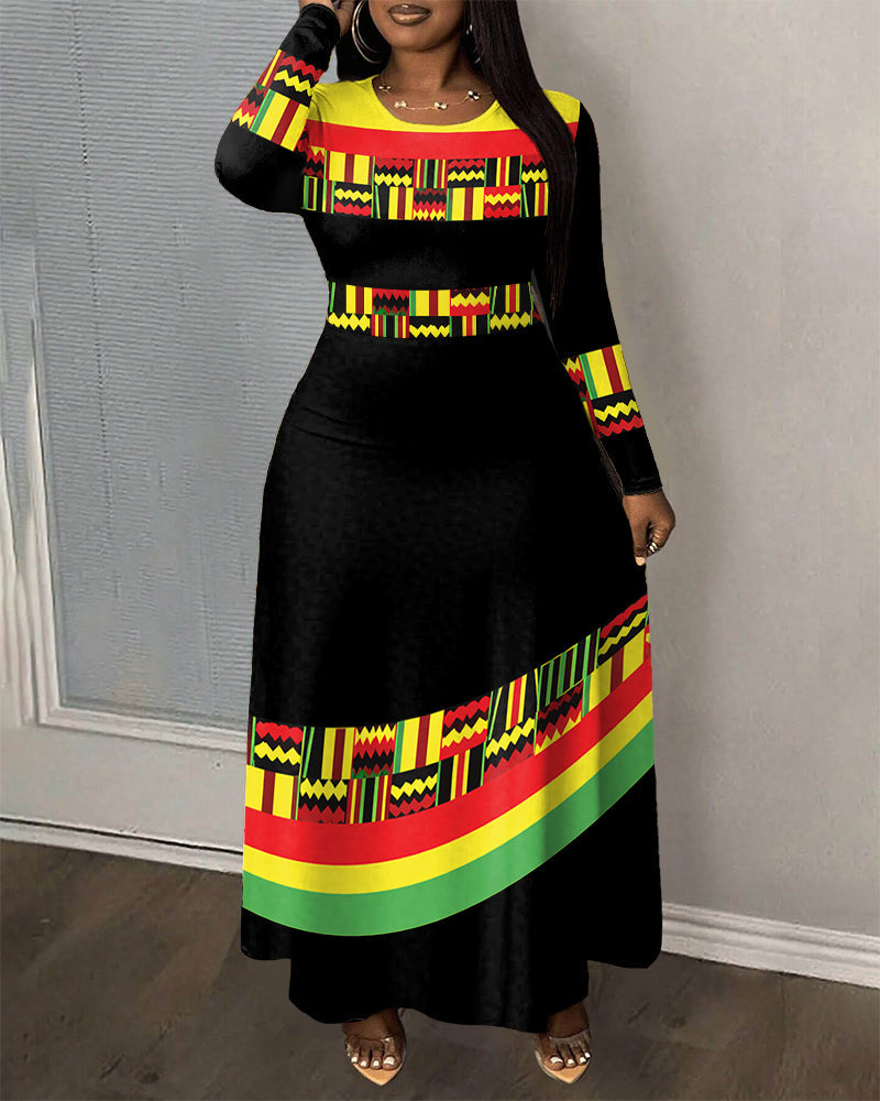 African Geometric Print Colorful Designer Crewneck Long Sleeve Pocket Dress