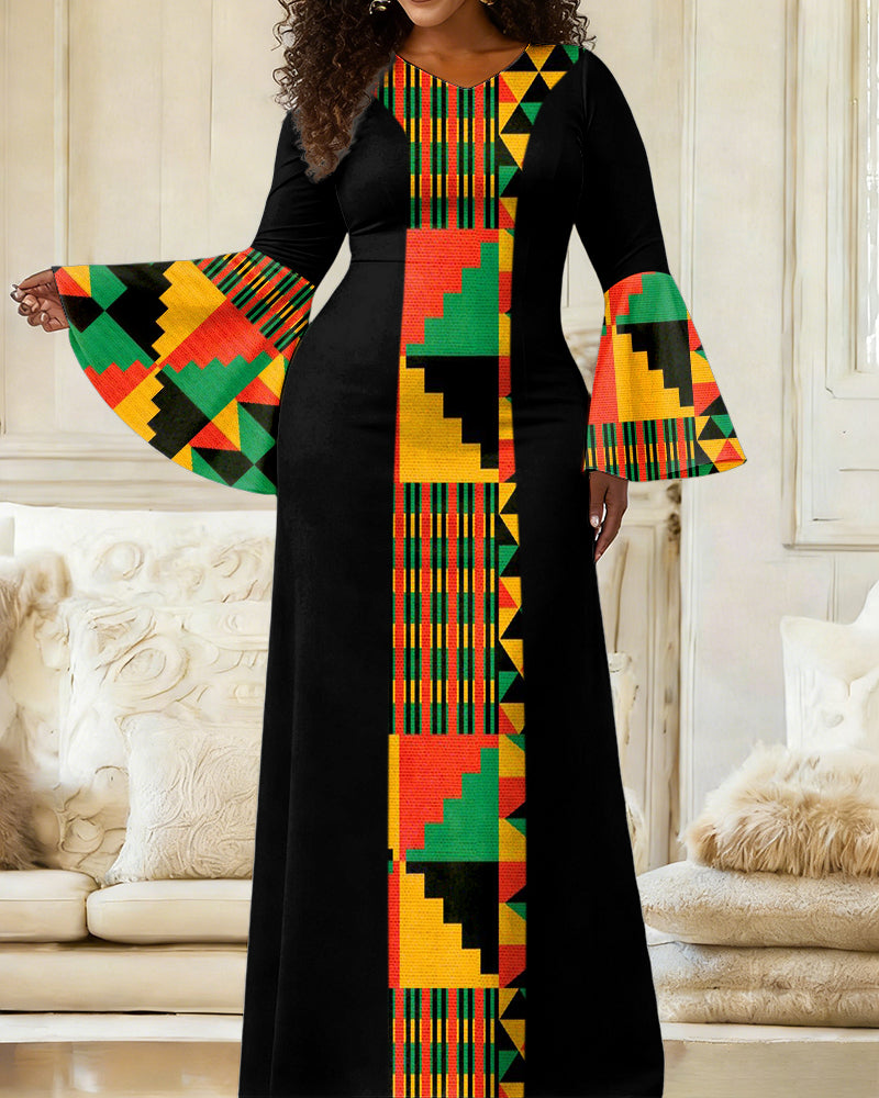 Women'S Elegant Bell-Sleeve Reggae Geometric Totem Splicing Fitted Dress