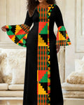 Women'S Elegant Bell-Sleeve Reggae Geometric Totem Splicing Fitted Dress