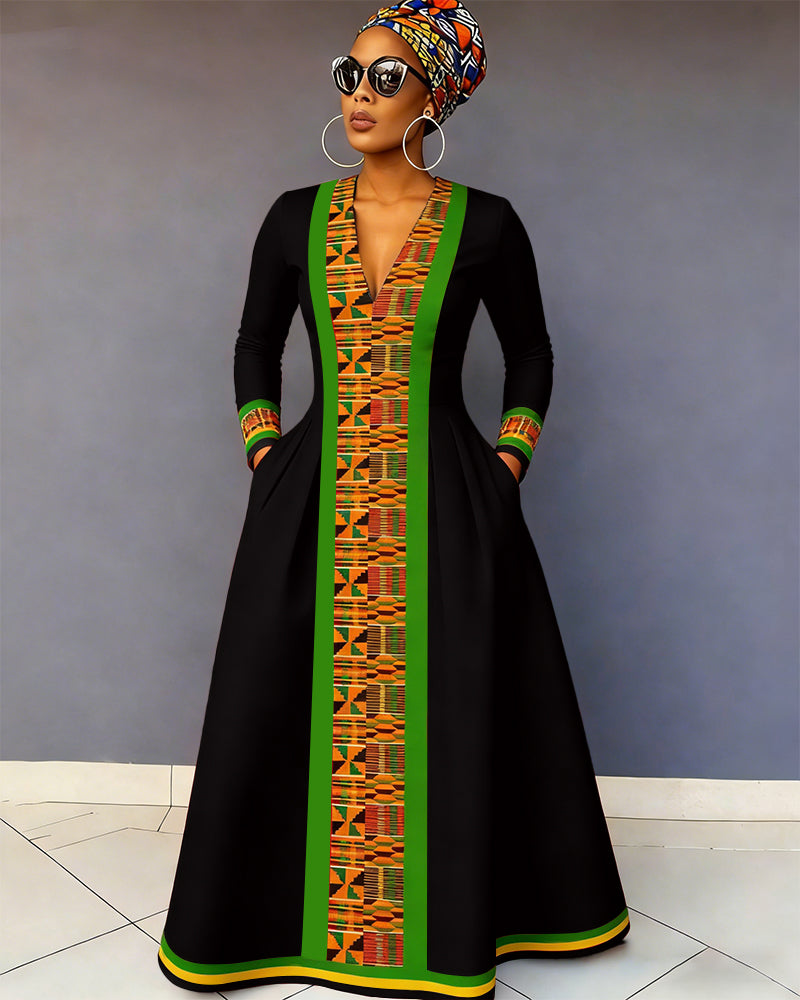 V-neck African Geometric Print Pocket Long-Sleeved Maxi Dress