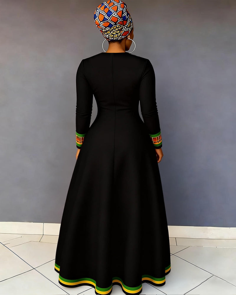 V-neck African Geometric Print Pocket Long-Sleeved Maxi Dress