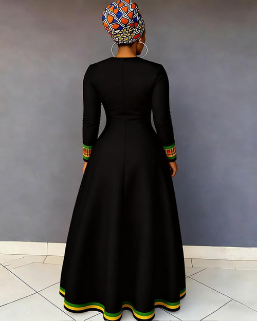 V-neck African Geometric Print Pocket Long-Sleeved Maxi Dress
