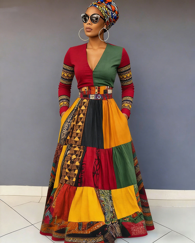 V-neck Reggae Color Blocking Print Pocket Long-Sleeved Maxi Dress