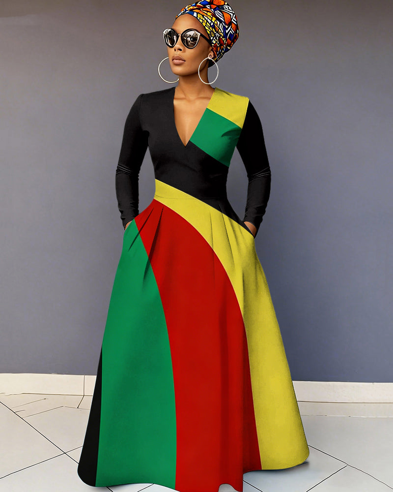 V-neck Colored Stripes Print Pocket Long-Sleeved Maxi Dress