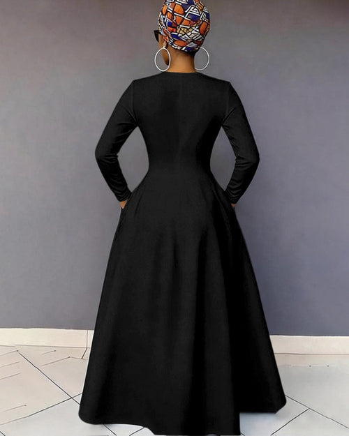 V-neck Colored Stripes Print Pocket Long-Sleeved Maxi Dress